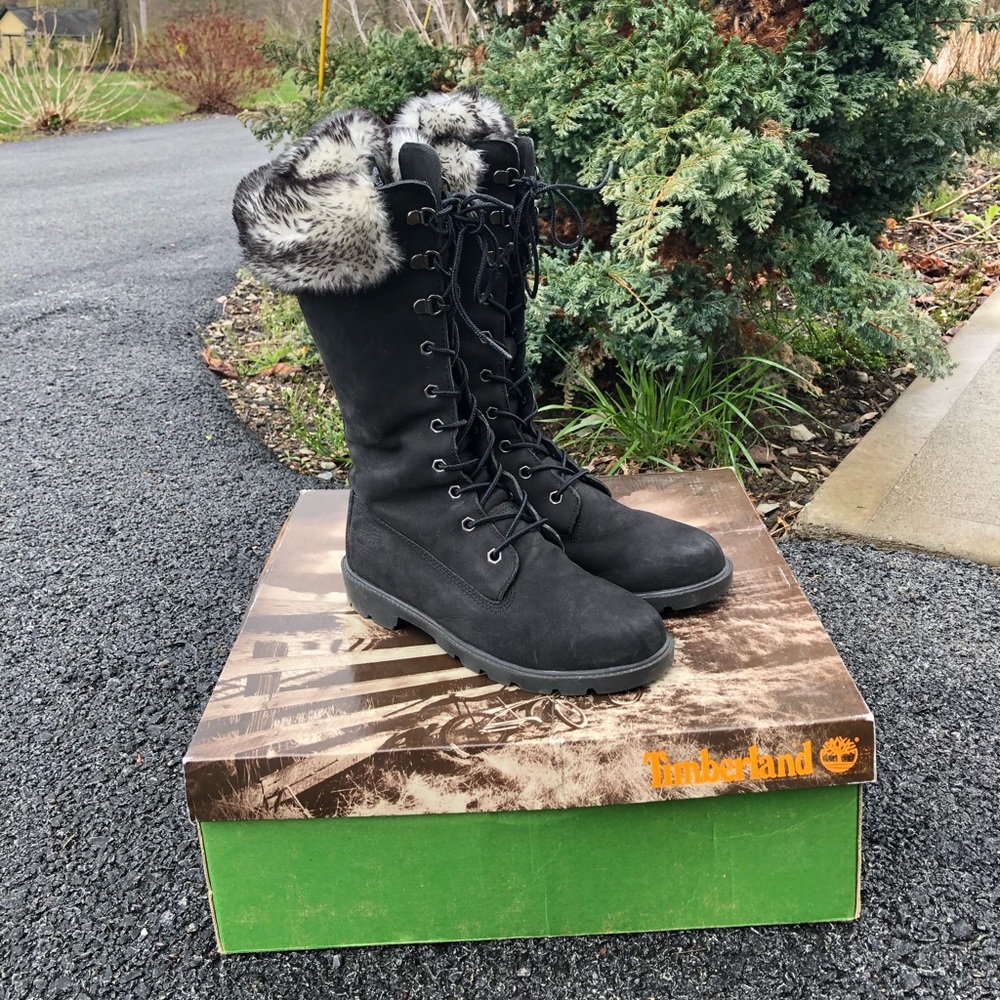 Timberland juniors black tall pom pom boots